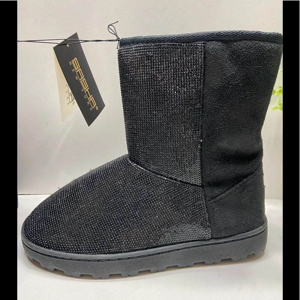 NEW Sasha Taylor Women’s Slip On Rhinestone Faux Fur Boots Black 7, 8 - Picture 5 of 9